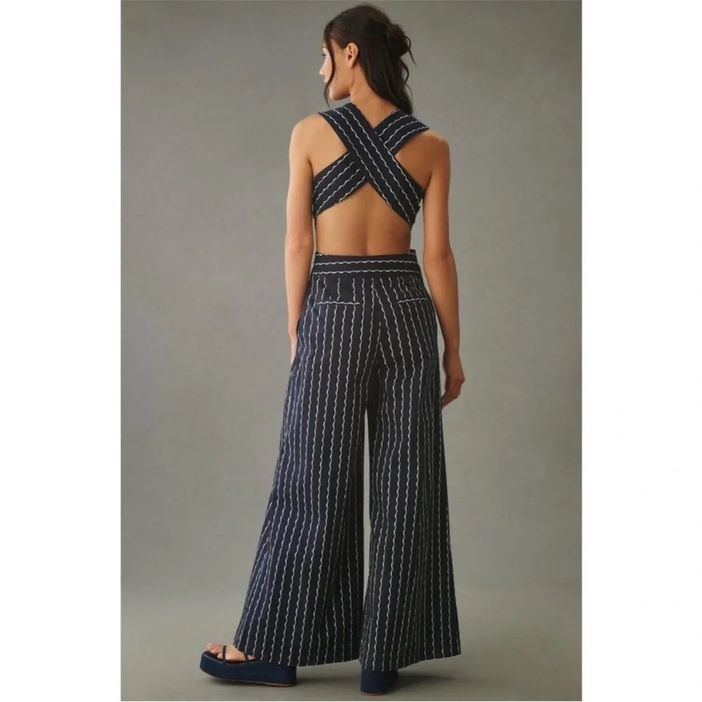 Maeve Anthropologie Derby Day Nautical Pinafore Navy Stripe Wide Leg Jumpsuit 14 - Picture 2 of 14